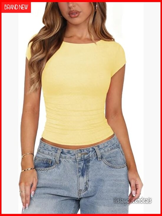 Tops - Mesh Ruched Crop Top, Boat Neck Cap Sleeve, Double Lined Stretch Tee